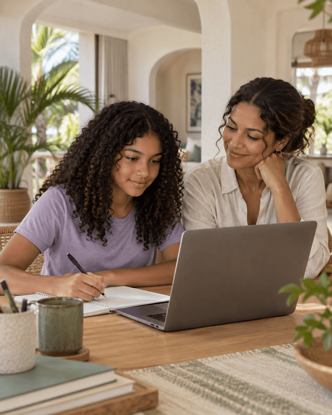 Escena ilustrativa de una madre y su hija aprendiendo juntas