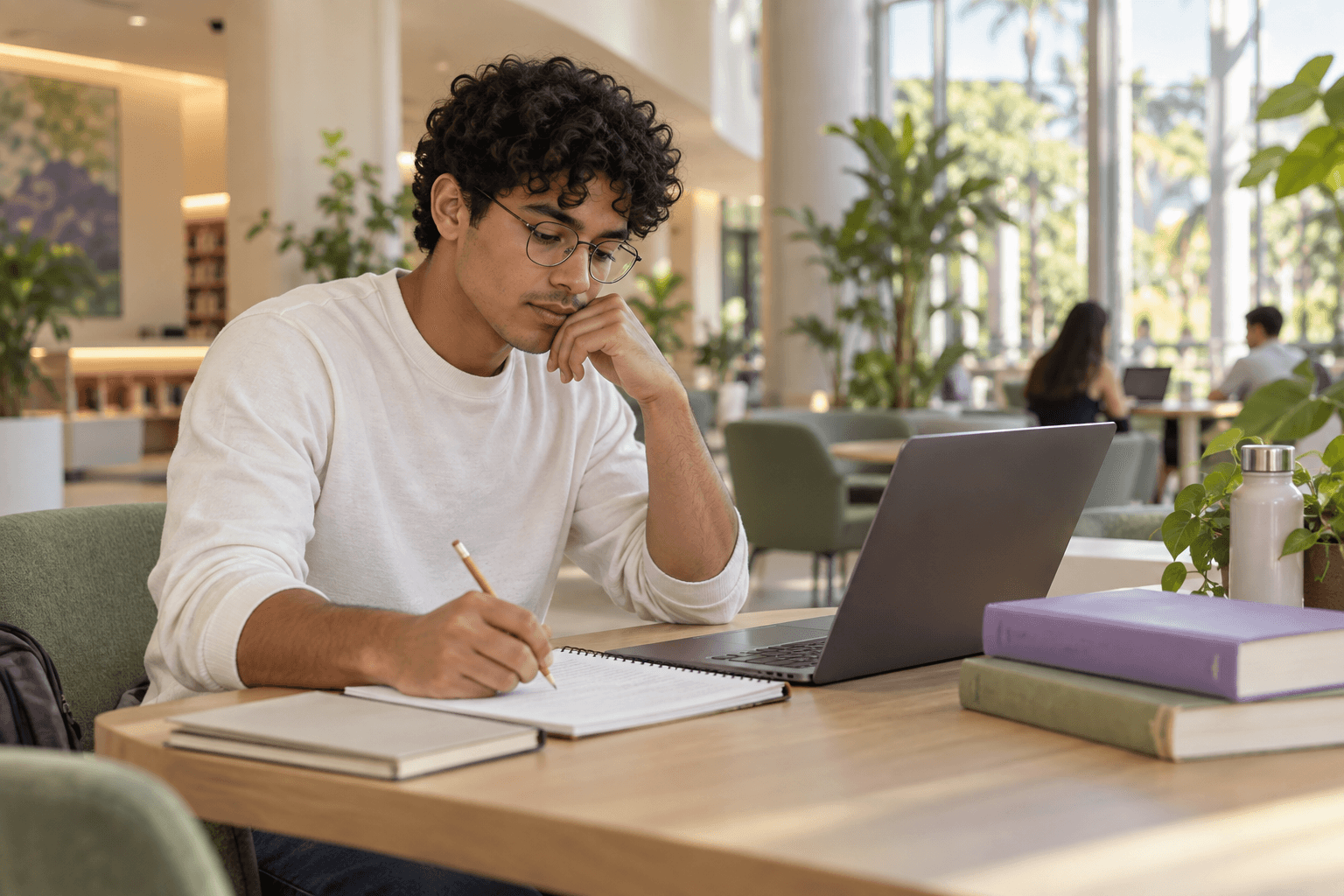 Escena ilustrativa de un universitario estudiando en un espacio tranquilo